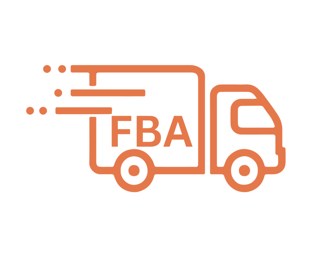 Icon eines Lieferwagens mit dem 'FBA' Logo, symbolisiert schnelle Lieferdienste.