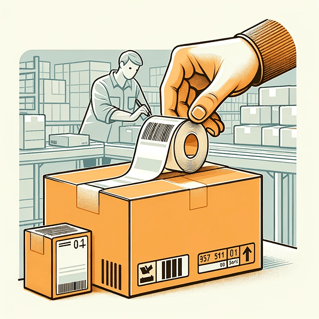 Illustration einer Person, die eine Paketbox in einem Lager mit Klebeband versiegelt.