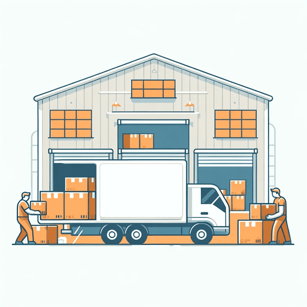 Illustration eines Lagerhauses mit Arbeitern, die Pakete auf einen Lieferwagen laden.